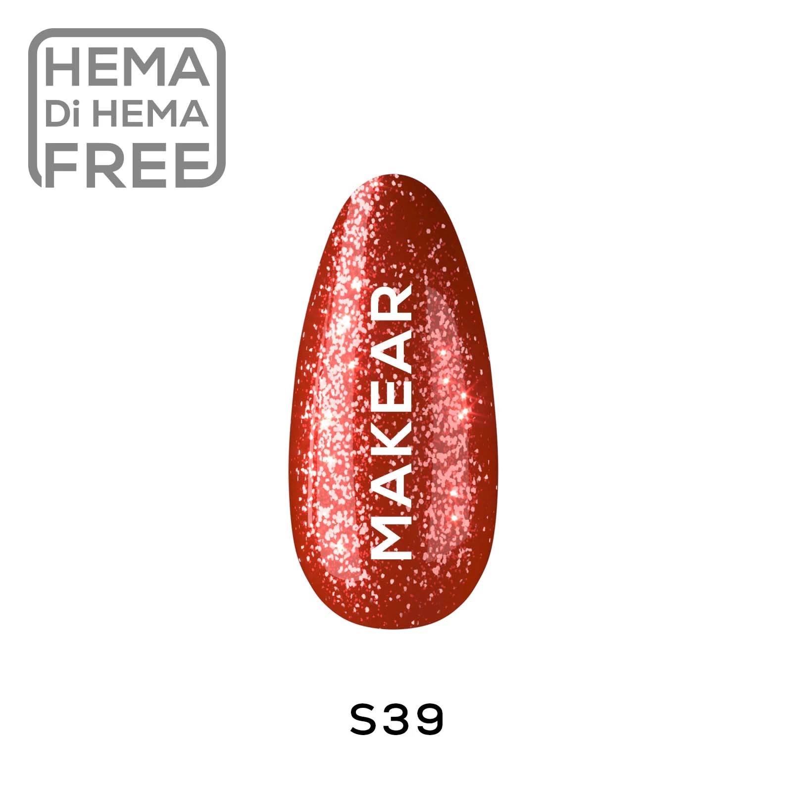 MAKEAR Gel Polish S39 Kiss Me. HEMA free UV gelpolish i röd glitternyans med hög glans, perfekt för jul, nyår och fest.