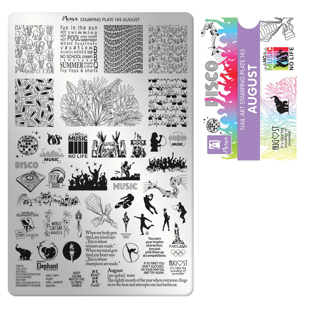 Moyra stamping plate 145 August, stämpelplatta med motiv av musik, djur, blad och festivaler för somrig nailart.