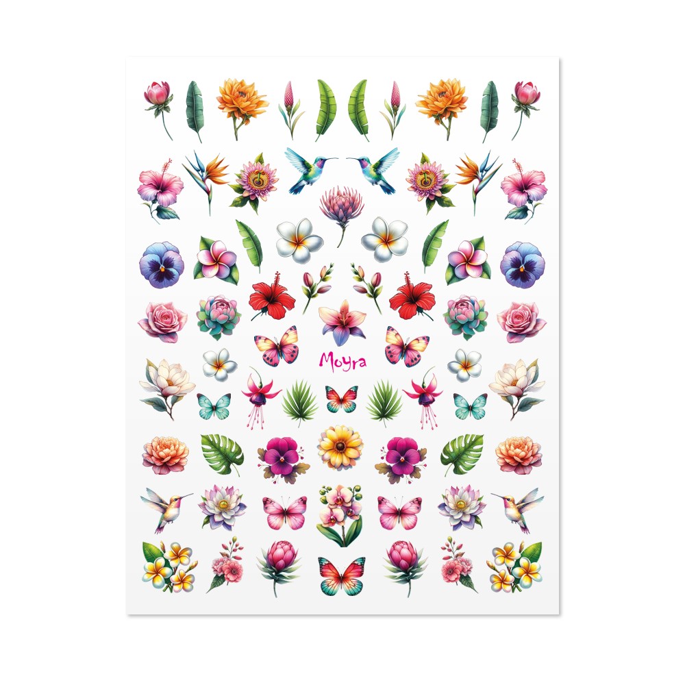 Moyra nail stickers med blommor, fjärilar och fåglar, detaljrika motiv för kreativ nageldesign
